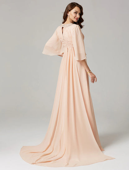 Weitese A-Line Mother of the Bride Dress Luxurious Elegant Jewel Neck Sweep / Brush Train Chiffon Half Sleeve with Pleats Beading