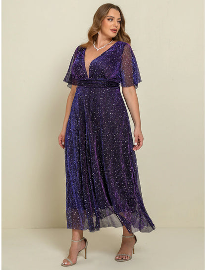 Weitese Women's Plus Size Curve Party Dress A Line Dress Tunic Dress Plain Long Dress Maxi Dress Short Sleeve Basic V Neck Elegant Wedding Purple Summer Spring