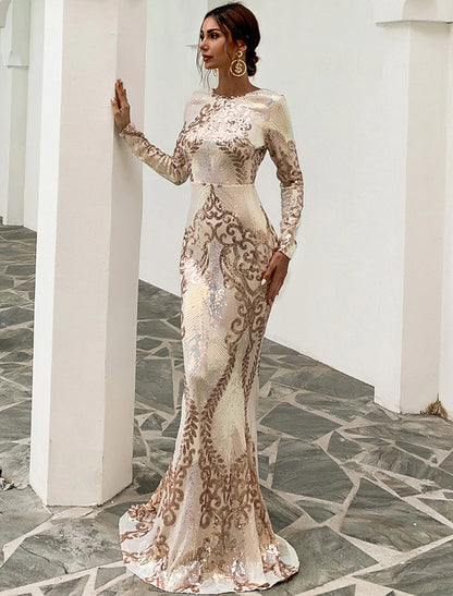 Weitese Mermaid / Trumpet Evening Gown Sparkle & Shine Dress Formal Wedding Guest Sweep / Brush Train Long Sleeve Jewel Neck Polyester Backless with Sequin