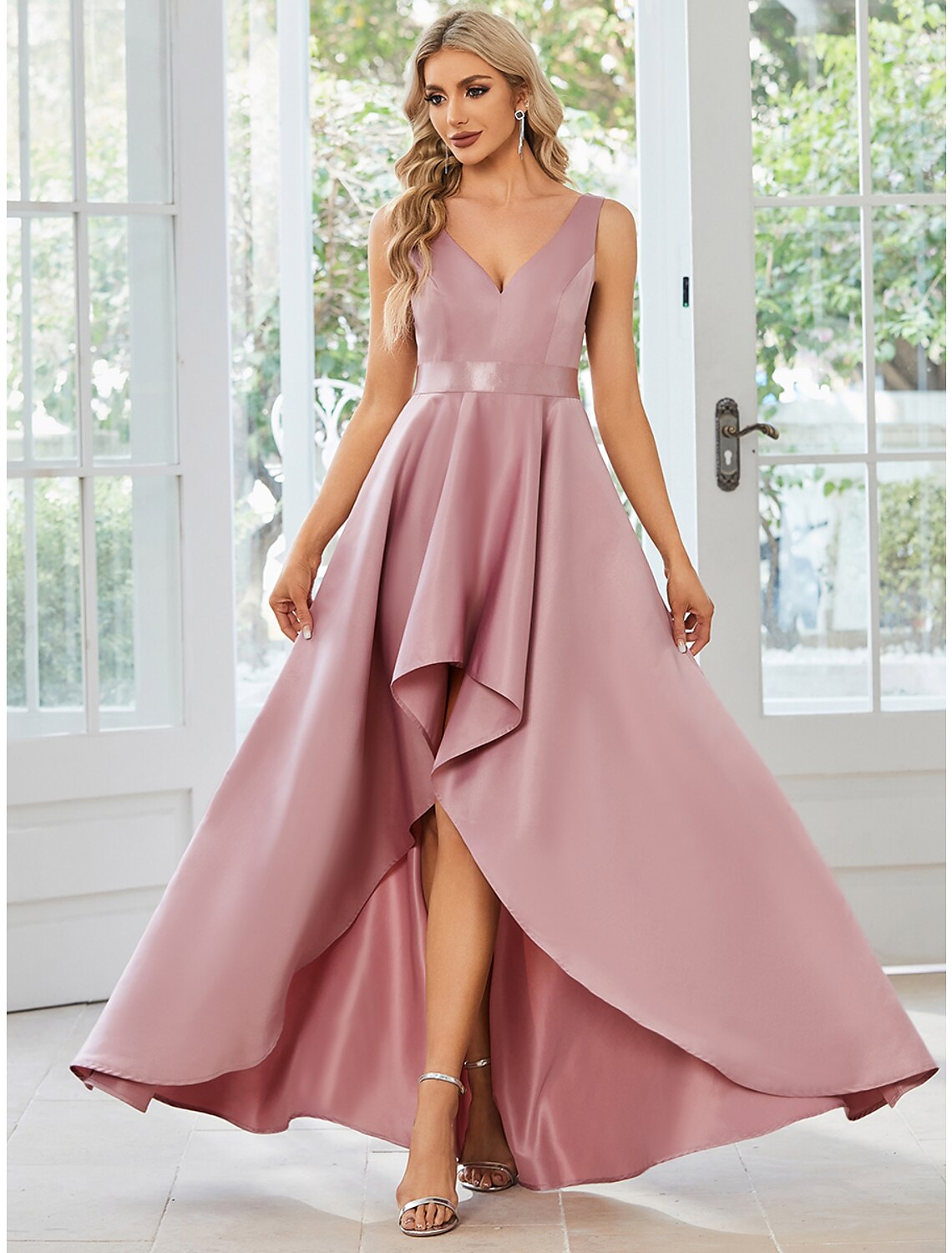 Weitese A-Line Wedding Guest Dresses Casual Dress Party Wear Wedding Party Asymmetrical Sleeveless V Neck Satin with Ruffles Pure Color