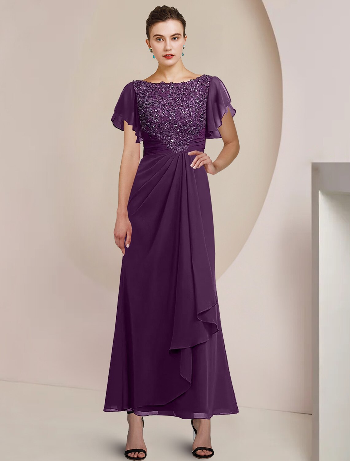 Weitese A-Line Mother of the Bride Dress Formal Wedding Guest Elegant Scoop Neck Tea Length Chiffon Lace 3/4 Length Sleeve with Beading Sequin Appliques