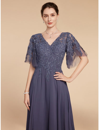 Weitese A-Line Mother of the Bride Dress Wedding Guest Elegant V Neck Floor Length Chiffon Lace Short Sleeve with Sequin Ruching Solid Color