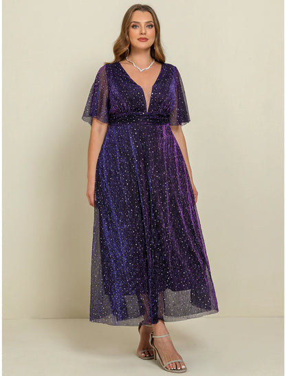 Weitese Women's Plus Size Curve Party Dress A Line Dress Tunic Dress Plain Long Dress Maxi Dress Short Sleeve Basic V Neck Elegant Wedding Purple Summer Spring