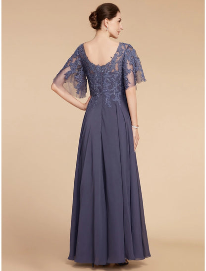 Weitese A-Line Mother of the Bride Dress Wedding Guest Elegant V Neck Floor Length Chiffon Lace Short Sleeve with Sequin Ruching Solid Color