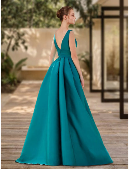 Weitese A-Line Evening Gown Elegant Dress Formal Sweep / Brush Train Christmas Red Green Dress Sleeveless V Neck Satin with Pleats Ruched