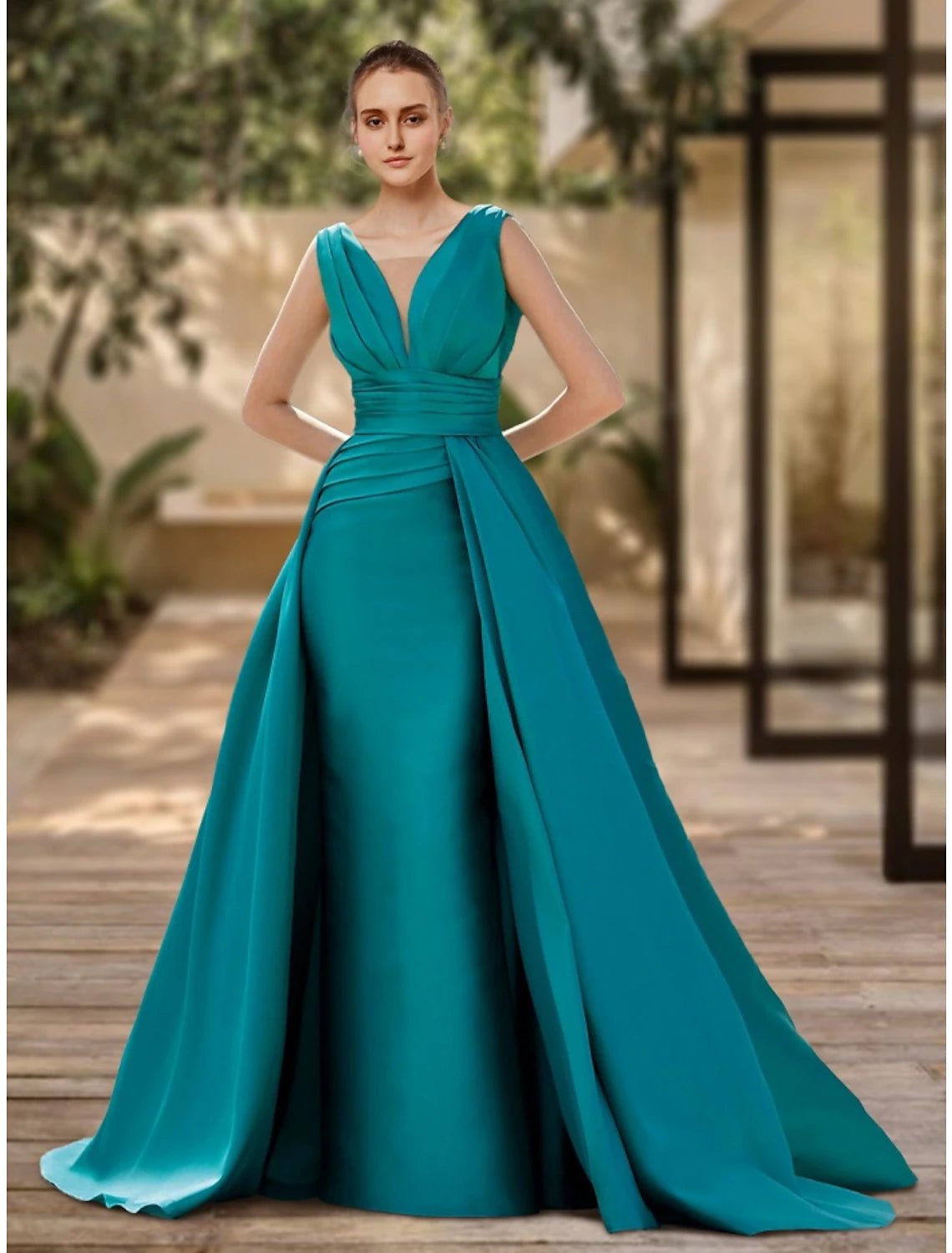 Weitese A-Line Evening Gown Elegant Dress Formal Sweep / Brush Train Christmas Red Green Dress Sleeveless V Neck Satin with Pleats Ruched