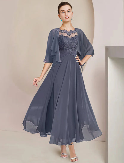 Weitese Two Piece A-Line Mother of the Bride Dress Formal Wedding Guest Elegant Scoop Neck Tea Length Chiffon Lace 3/4 Length Sleeve Wrap Included with Appliques Ruching