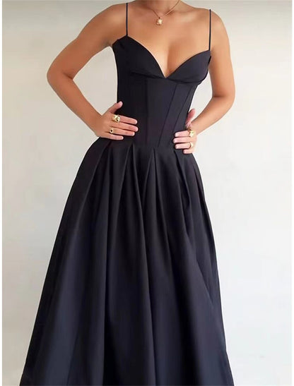 Weitese Women's Black Dress Prom Dress Party Dress Long Dress Maxi Dress Black Sleeveless Plain Ruched Summer Spring Fall Spaghetti Strap Elegant Wedding Guest Birthday Evening Party