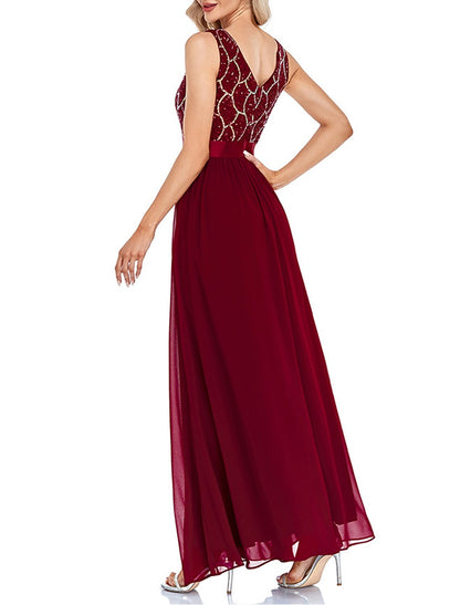 Weitese Women's Sequin Dress Prom Dress Party Dress Sparkly Dress Long Dress Maxi Dress Wine Sleeveless Geometric Sparkly Glitter Fall Winter V Neck Fashion Evening