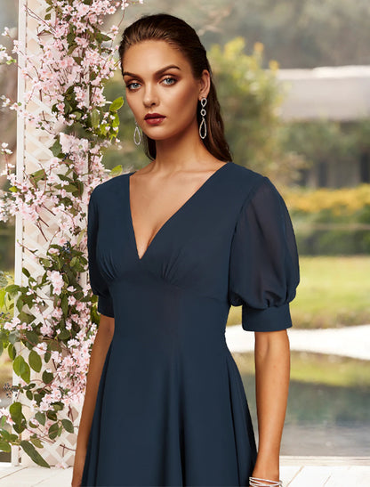 Weitese A-Line Mother of the Bride Dress Wedding Guest Plus Size Elegant Jewel Neck Tea Length Chiffon Short Sleeve with Pleats Solid Color Fall