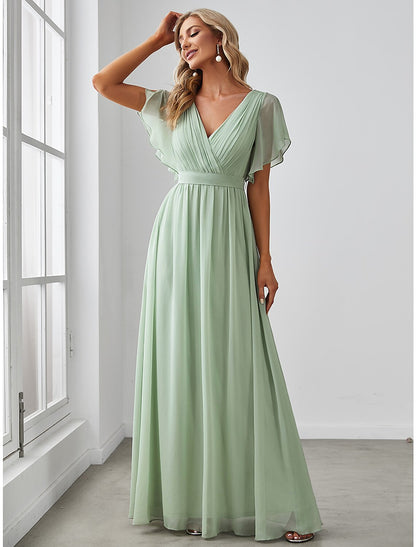 Weitese A-Line Bridesmaid Dress V Neck Short Sleeve Elegant Stretch Chiffon with Ruffles / Solid Color