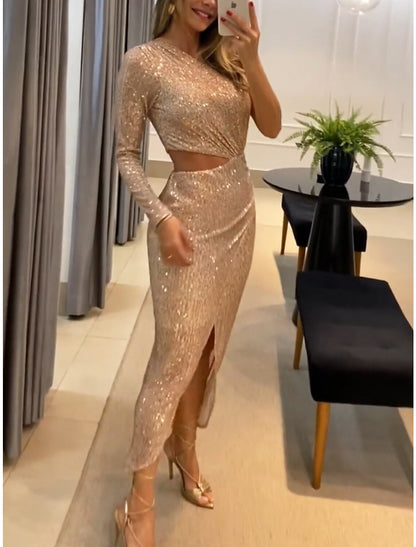 Weitese Women's Prom Dress Party Dress Sequin Dress Long Dress  Long Sleeve Pure Color Sequins Spring Fall Winter One Shoulder Fashion Winter Dress Wedding Guest Evening Party  Fall Winter One Shoulder Fashion Winter Dress Wedding Guest Evening Party