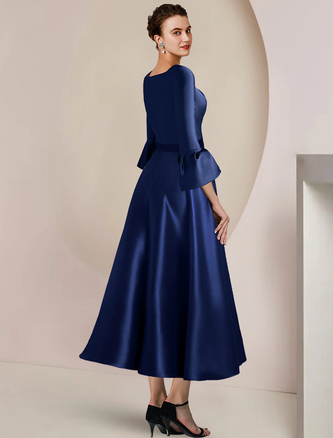 Weitese A-Line Mother of the Bride Dress Formal Wedding Guest Party Elegant Bateau Neck Tea Length Satin 3/4 Length Sleeve with Bow(s) Split Front