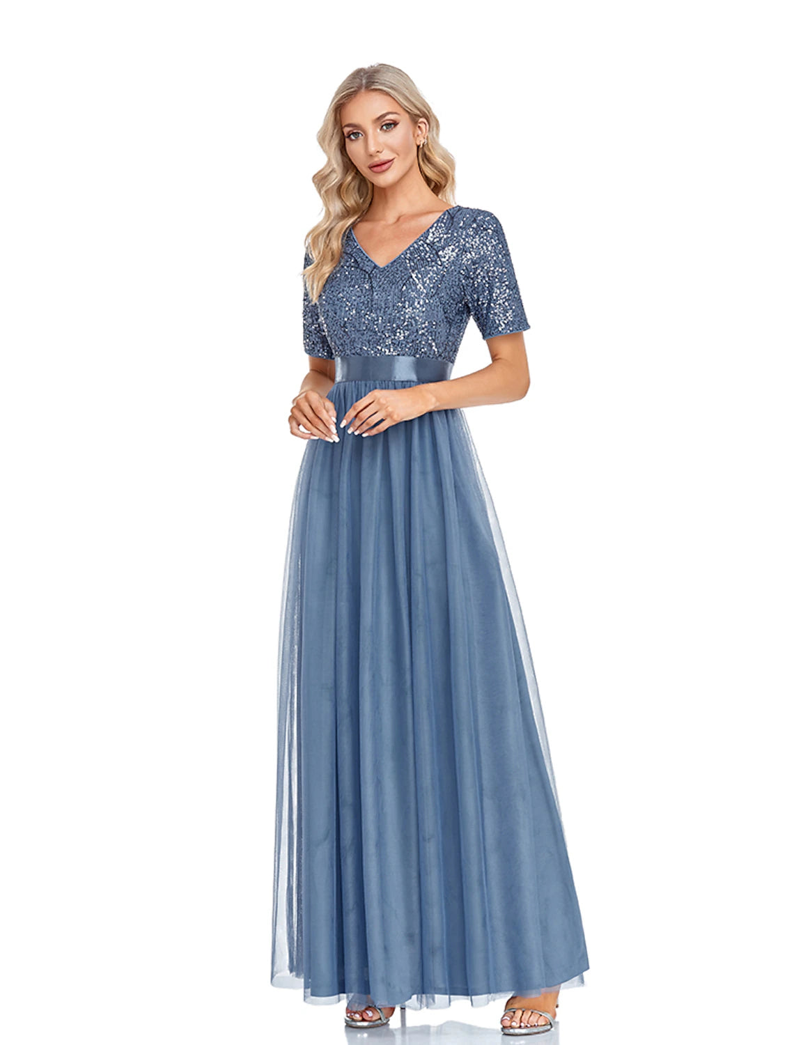 Weitese A-Line Evening Gown Sparkle & Shine Dress Wedding Guest Prom Floor Length Short Sleeve V Neck Bridesmaid Dress Tulle with Sequin Splicing