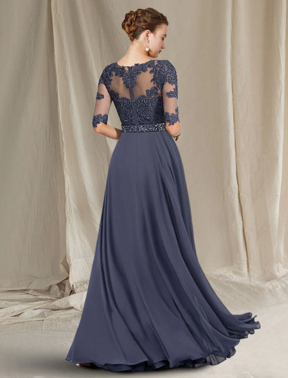 Weitese A-Line Mother of the Bride Dress Luxurious Elegant Jewel Neck Floor Length Chiffon Lace Tulle Half Sleeve with Crystals Appliques