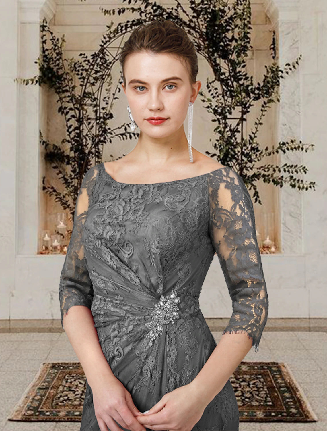 Weitese A-Line Mother of the Bride Dress Wedding Guest Plus Size Elegant Jewel Neck Floor Length Lace Short Sleeve with Ruffles Crystal Brooch Side-Draped Fall