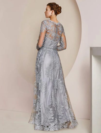 Weitese A-Line Mother of the Bride Dress Formal Wedding Guest Elegant V Neck Floor Length Tea Length Lace Long Sleeve with Appliques Crystal Brooch