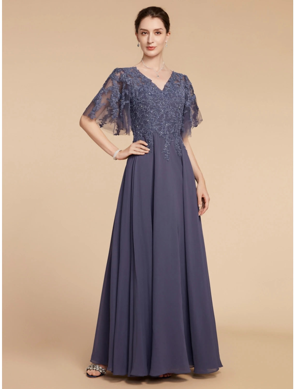 Weitese A-Line Mother of the Bride Dress Wedding Guest Elegant V Neck Floor Length Chiffon Lace Short Sleeve with Sequin Ruching Solid Color