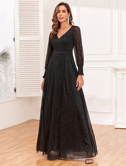 Weitese A-Line Evening Gown Empire Black Dress Party Gothic Tulle Dress Floor Length Long Sleeve V Neck V Back with Glitter Slit