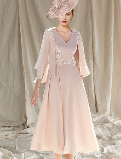 Weitese Two Piece A-Line Mother of the Bride Dress Wedding Guest Church Elegant V Neck Tea Length Chiffon Sleeveless Wrap Included with Appliques