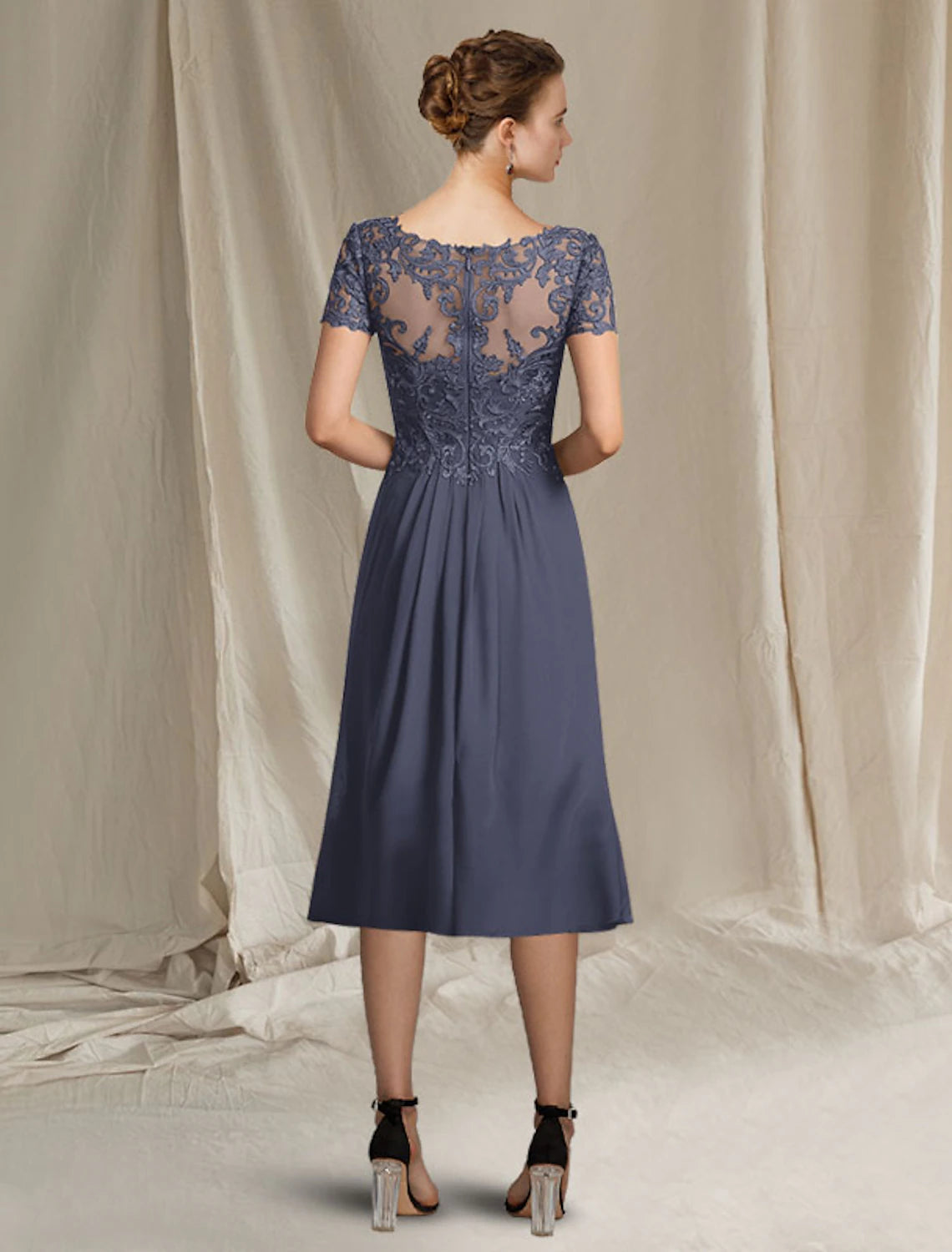 Weitese A-Line Mother of the Bride Dress Plus Size Elegant V Neck Tea Length Chiffon Lace Short Sleeve Wrap Included with Appliques