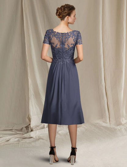 Weitese A-Line Mother of the Bride Dress Plus Size Elegant V Neck Tea Length Chiffon Lace Short Sleeve Wrap Included with Appliques