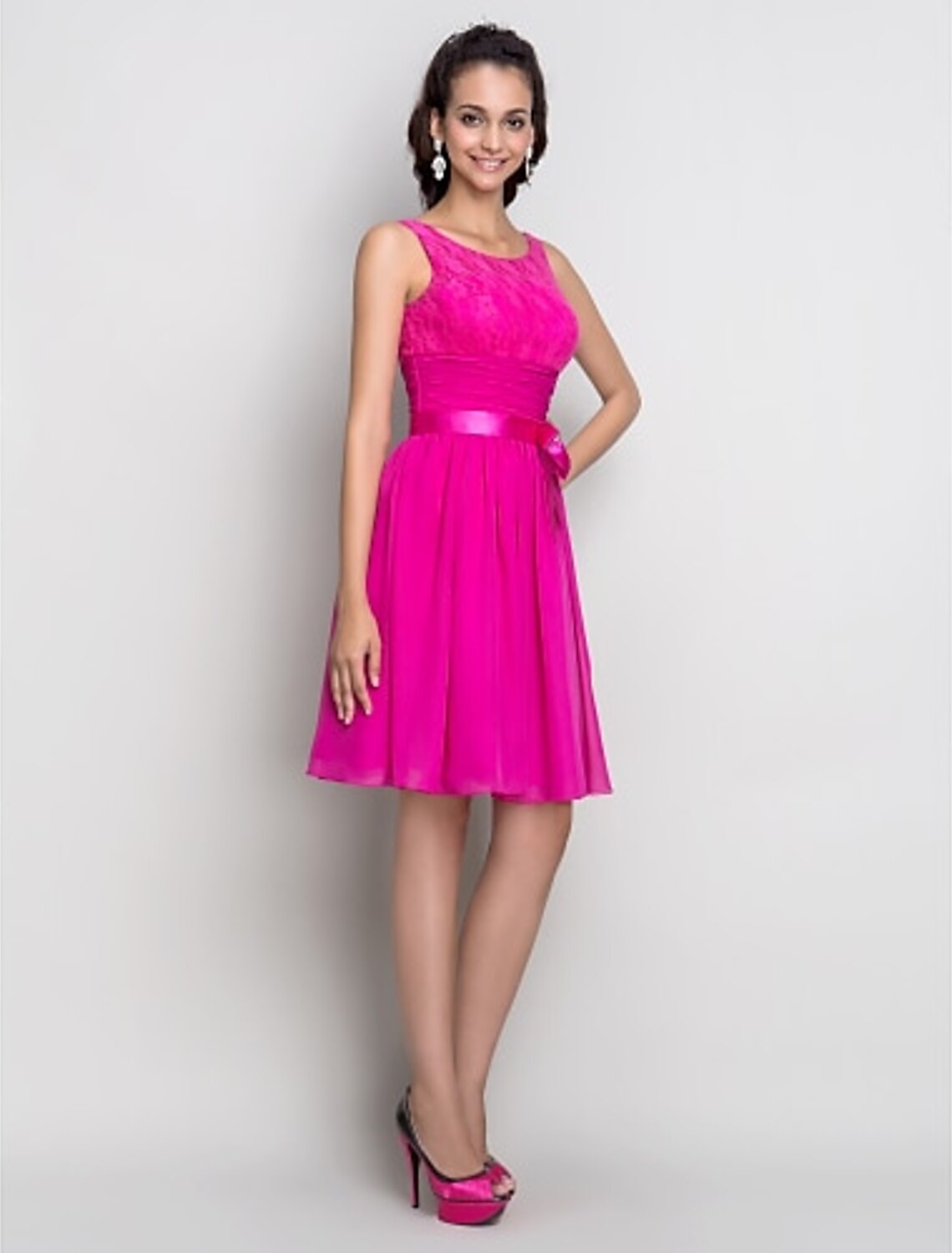 Weitese Fit & Flare Scoop Neck Knee Length Stretch Satin Cocktail Party Dress with Bow(s) / Lace