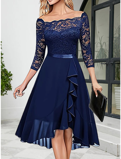 Weitese Women's Party Dress Lace Dress Wedding Guest Dress Midi Dress Pink Purple Dark Blue Half Sleeve Pure Color Lace Spring Fall Winter Crew Neck Fashion Winter Dress Wedding Guest Evening Party