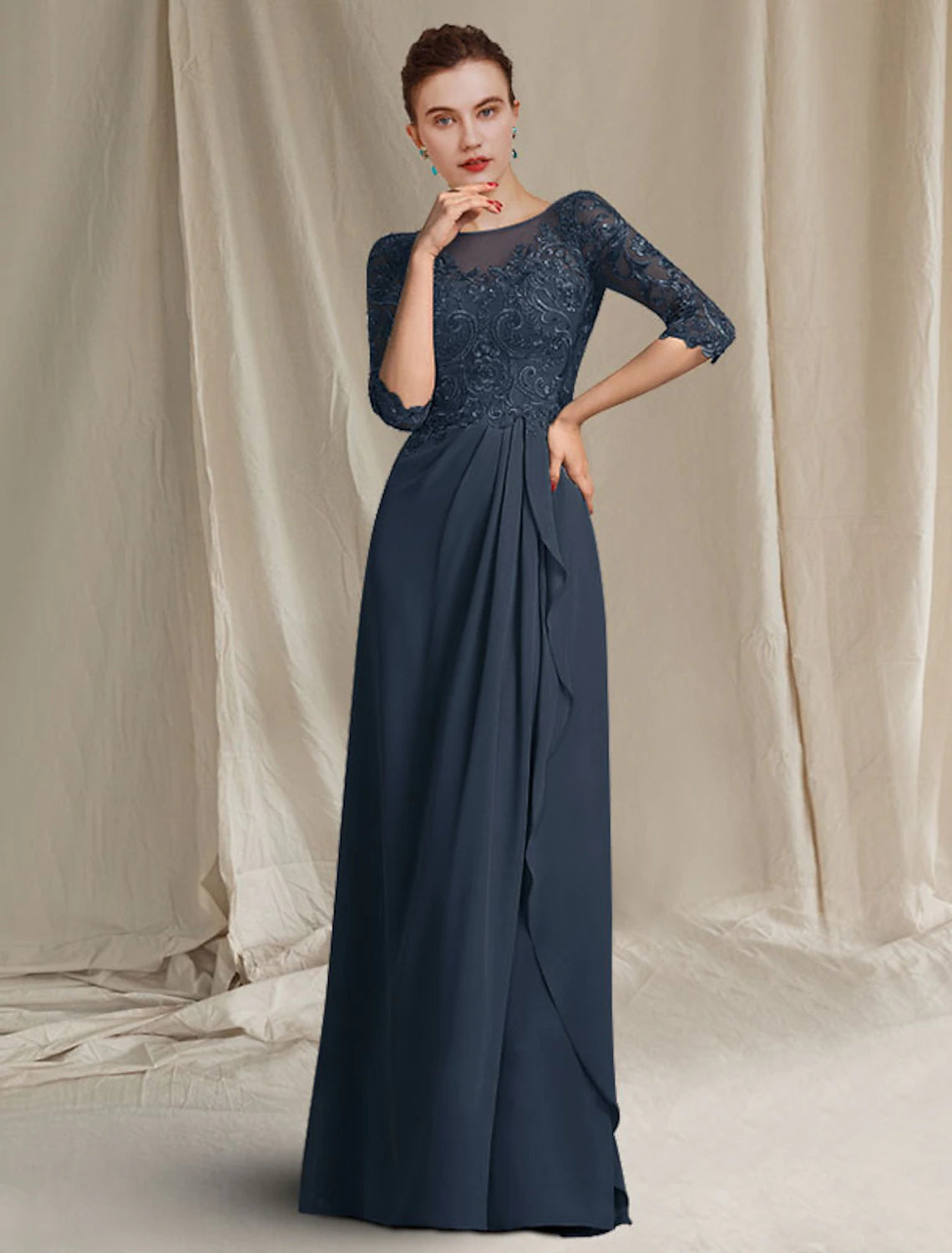 Weitese A-Line Mother of the Bride Dress Elegant V Neck Floor Length Chiffon Lace Half Sleeve with Draping Appliques