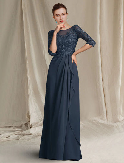 Weitese A-Line Mother of the Bride Dress Elegant V Neck Floor Length Chiffon Lace Half Sleeve with Draping Appliques