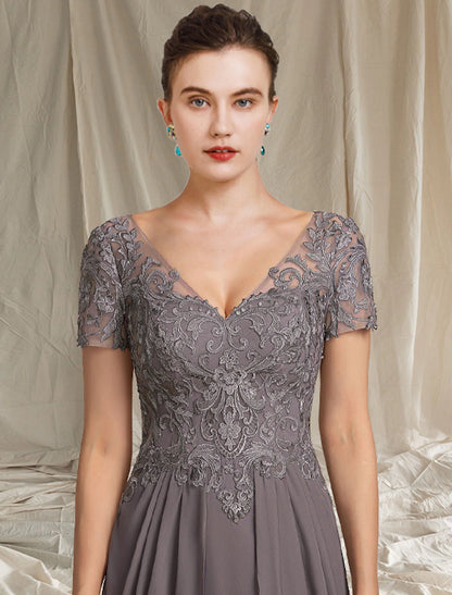 Weitese A-Line Mother of the Bride Dress Fall Wedding Guest Plus Size Elegant High Low V Neck Tea Length Chiffon Lace Short Sleeve with Pleats Appliques