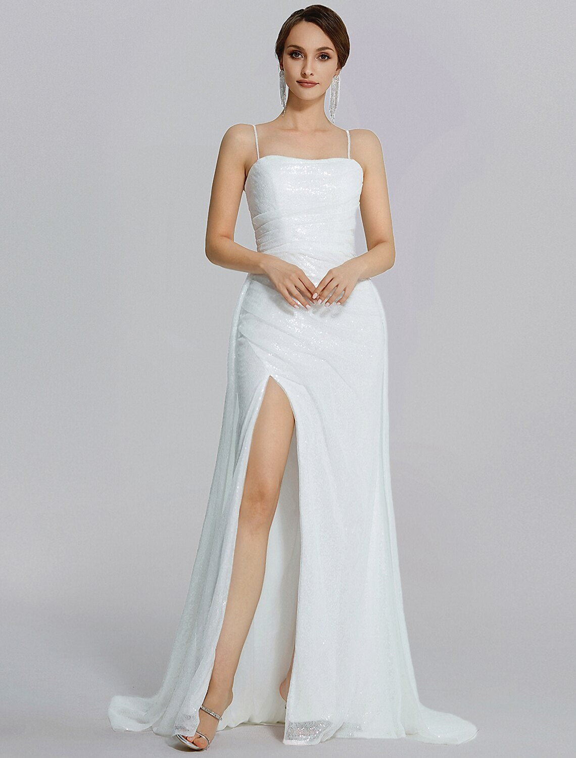 Weitese Mermaid / Trumpet Prom Dresses Sparkle Dress Wedding Floor Length Sleeveless Cowl Neck Sequined with Ruched Slit