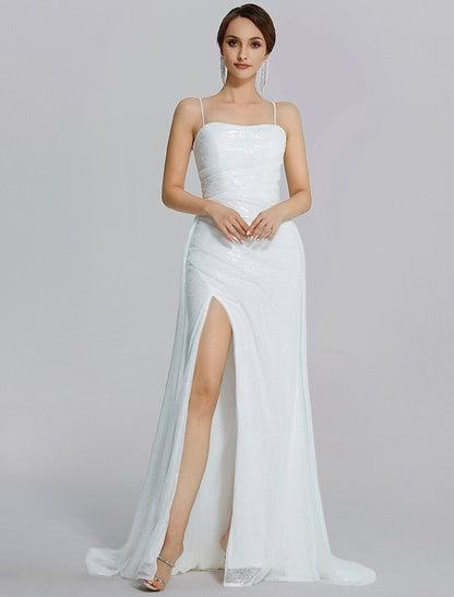 Weitese Mermaid / Trumpet Prom Dresses Sparkle Dress Wedding Floor Length Sleeveless Cowl Neck Sequined with Ruched Slit