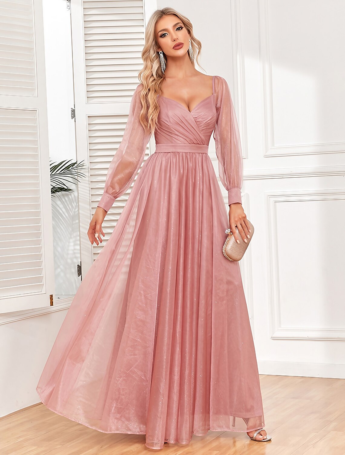 Weitese Women's Prom Dress Party Dress Swing Dress Long Dress Maxi Dress Light Red Long Sleeve Pure Color Ruched Summer Spring Fall V Neck Formal Evening Party