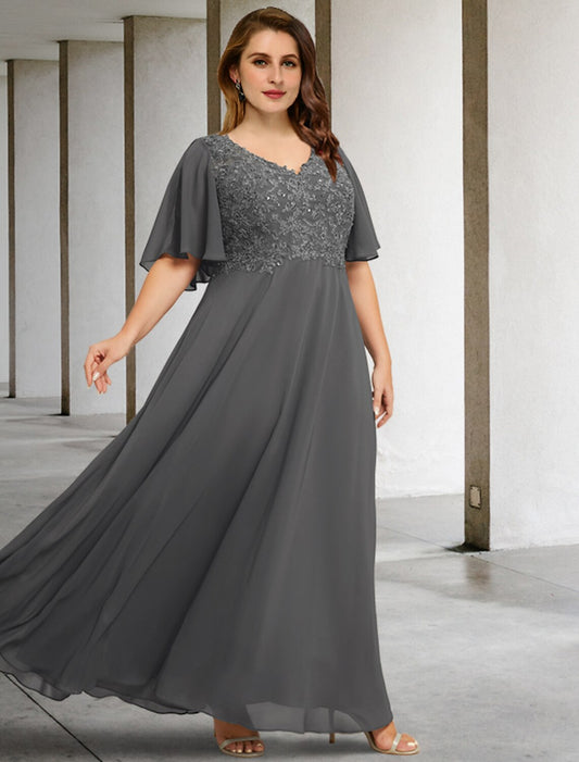 Weitese A-Line Mother of the Bride Dresses Plus Size Hide Belly Curve Elegant Dress Formal Floor Length Short Sleeve V Neck Chiffon with Pleats Appliques