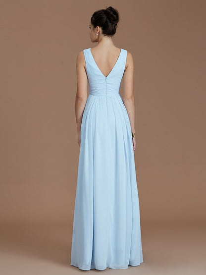 Weitese A-Line/Princess V-neck Sleeveless Ruched Floor-Length Chiffon Bridesmaid Dresses