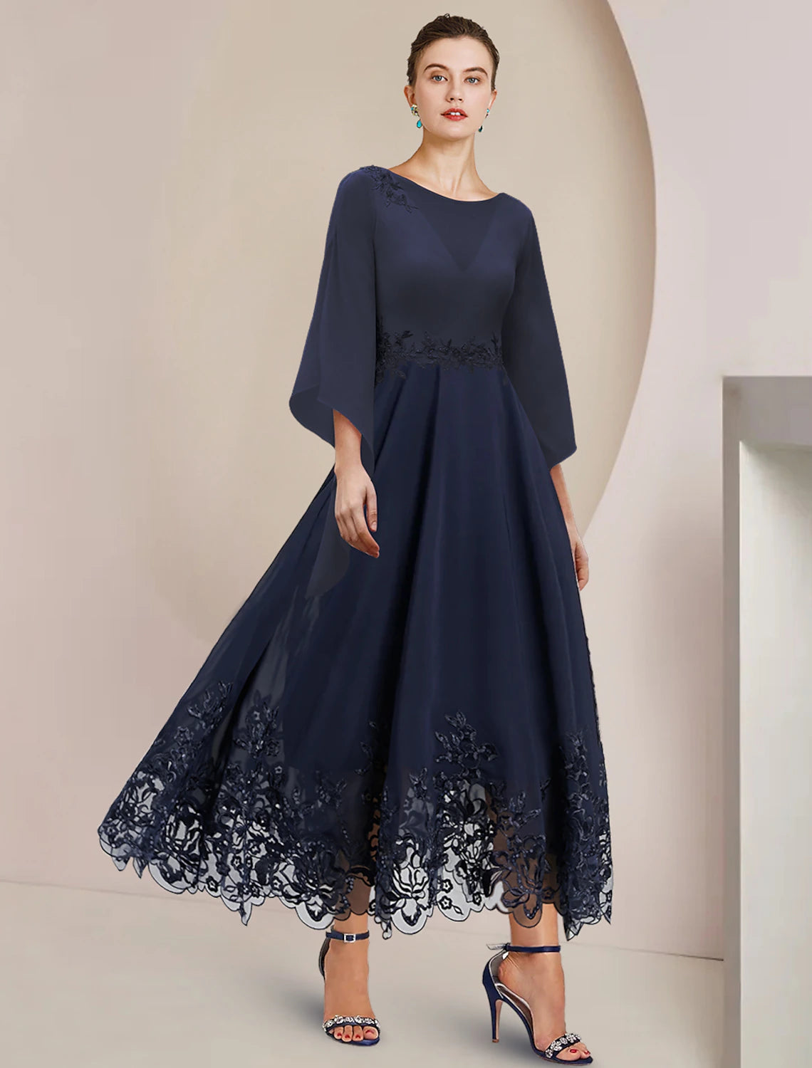 Weitese A-Line Mother of the Bride Dress Wedding Guest Party Elegant Scoop Neck Tea Length Chiffon Lace 3/4 Length Sleeve with Appliques