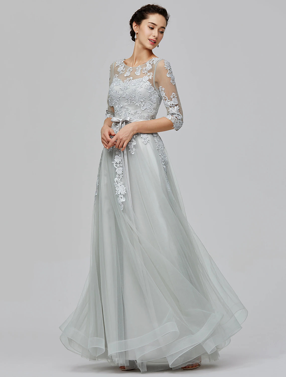 Weitese A-Line Empire Dress Wedding Guest Prom Floor Length Half Sleeve Illusion Neck Tulle with Bow(s) Appliques