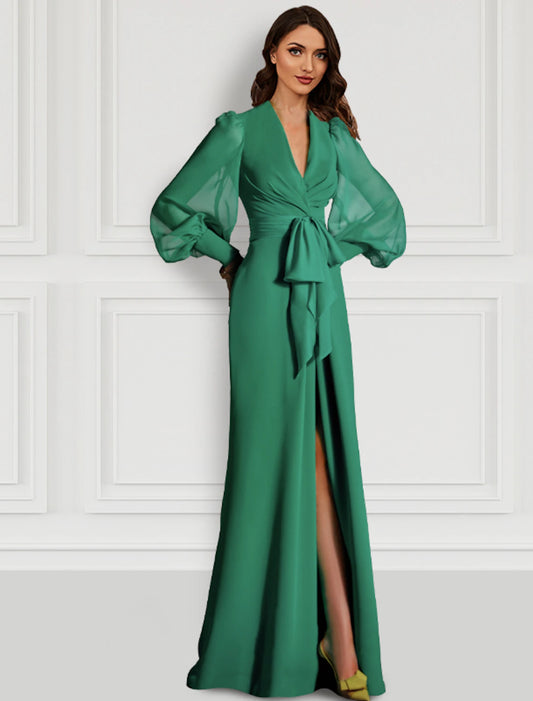 Weitese Mermaid Red Green Dress Evening Gown Elegant Dress With Bow Formal Wedding Guest Sweep / Brush Train Long Sleeve V Neck Fall Wedding Guest Chiffon with Slit Strappy