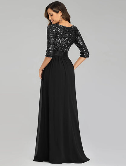 Weitese A-Line Mother of the Bride Dress Wedding Guest Plus Size Elegant Jewel Neck Floor Length Tulle Sequined 3/4 Length Sleeve with Sequin Fall