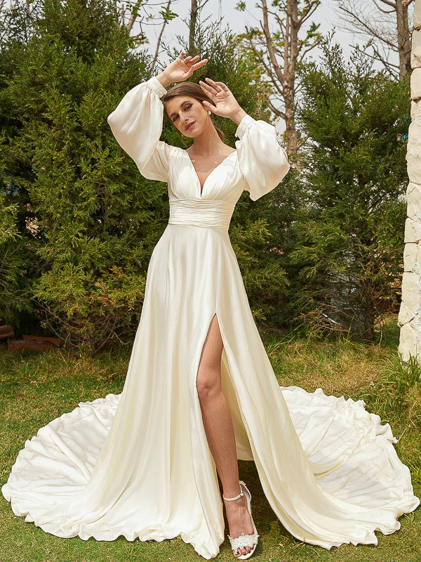 Weitese A-Line/Princess Satin Chiffon Ruched V-neck Long Sleeves Cathedral Train Wedding Dresses