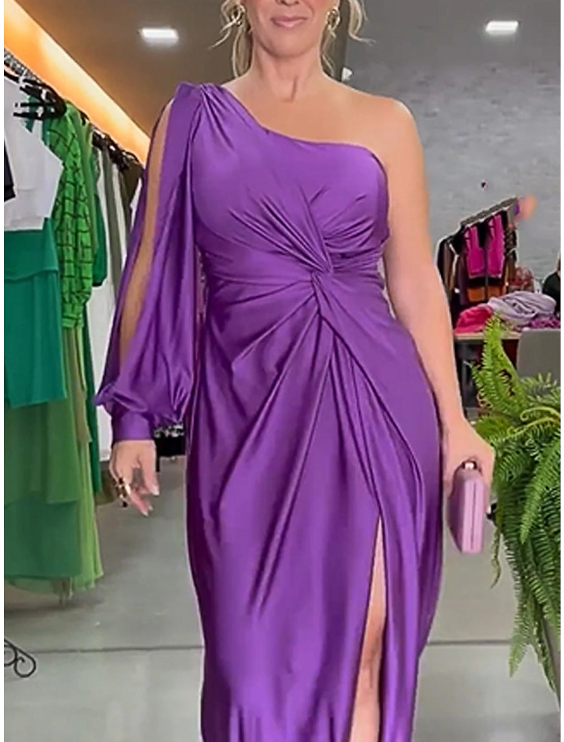 Weitese Women's Prom Dress Party Dress Satin Dress Long Dress Maxi Dress Purple Long Sleeve Pure Color Ruched Spring Fall Winter One Shoulder Fashion Winter Dress Evening Party Wedding Guest