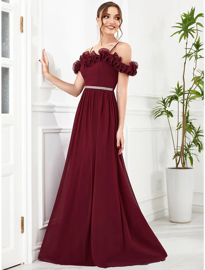 Weitese A-Line Prom Dresses Vintage Dress Wedding Guest Birthday Floor Length Sleeveless Off Shoulder Bridesmaid Dress Chiffon with Appliques Shouder Flower