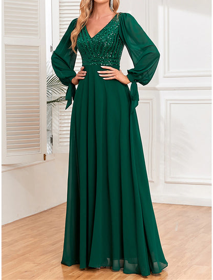 Weitese Women's Sequin Dress Prom Dress Party Dress Sparkly Dress Long Dress Maxi Dress Green Long Sleeve Fall Winter V Neck Fashion Evening Party