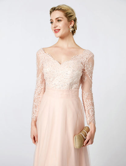 Weitese Ball Gown Pastel Colors Dress Holiday Cocktail Party Floor Length Long Sleeve V Neck Tulle Low Back with Beading Appliques