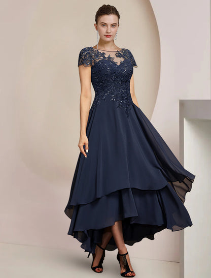 Weitese A-Line Mother of the Bride Dress Formal Wedding Guest Elegant High Low Scoop Neck Asymmetrical Tea Length Chiffon Lace Short Sleeve with Sequin Appliques