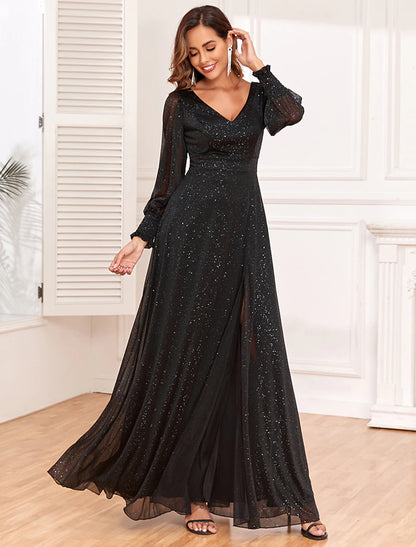 Weitese A-Line Evening Gown Empire Black Dress Party Gothic Tulle Dress Floor Length Long Sleeve V Neck V Back with Glitter Slit