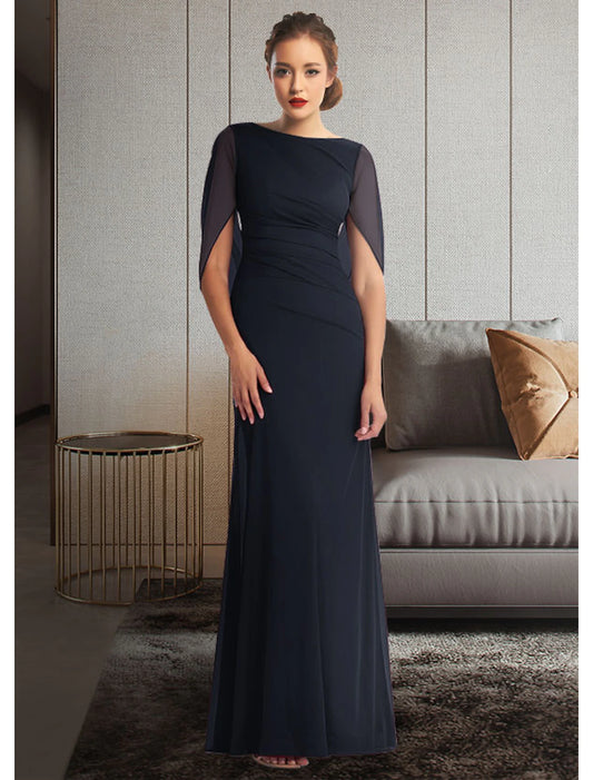 Weitese Sheath / Column Mother of the Bride Dress Elegant Jewel Neck Ankle Length Chiffon Half Sleeve with Pleats Ruching