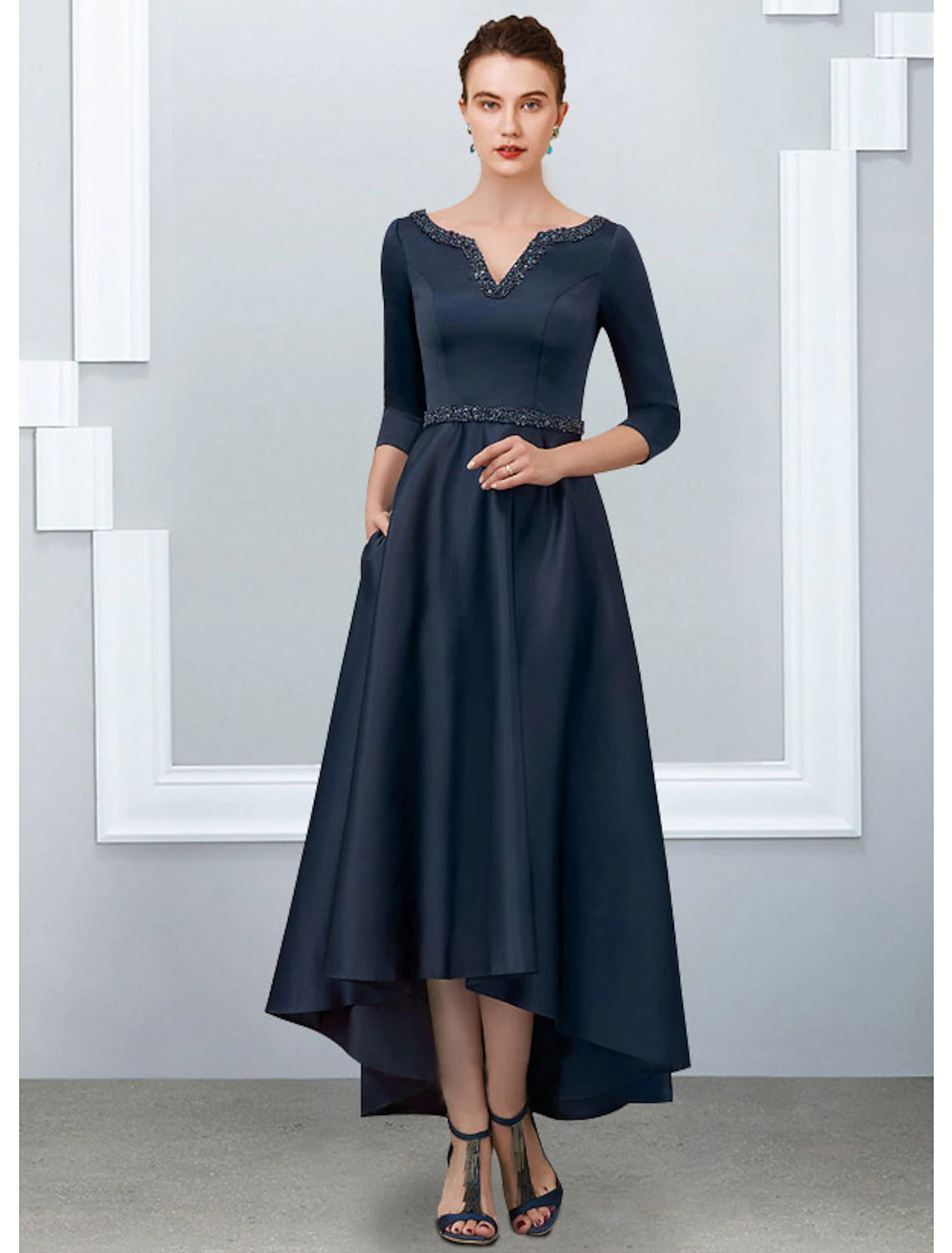 Weitese A-Line Mother of the Bride Dress Elegant High Low V Neck Asymmetrical Ankle Length Satin Half Sleeve with Pleats