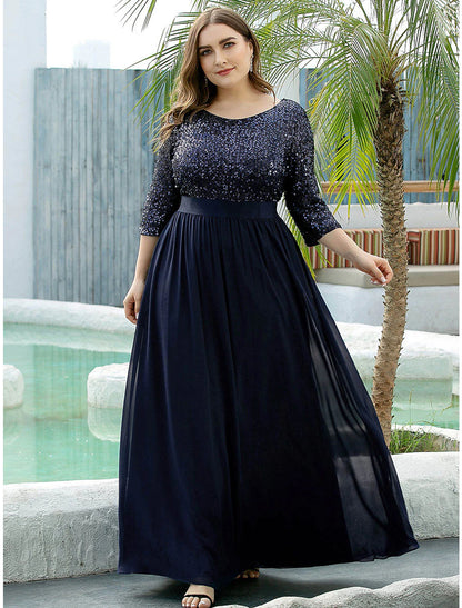 Weitese A-Line Mother of the Bride Dress Wedding Guest Plus Size Elegant Jewel Neck Floor Length Tulle Sequined 3/4 Length Sleeve with Sequin Fall